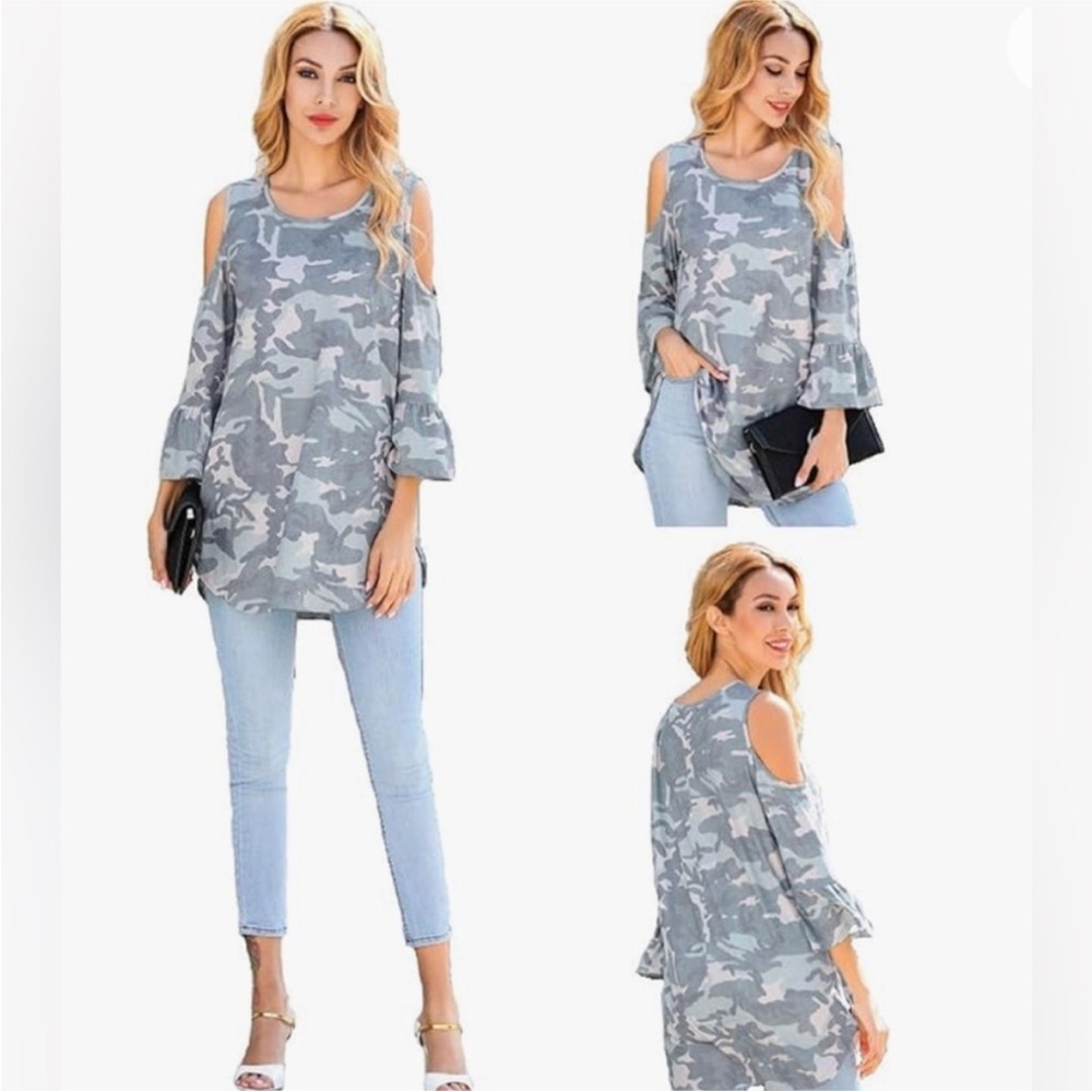 Spring Fling Cold Camouflage Cold Shoulder Top Tunic- NWT | small